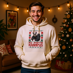 AFK – Away for Krampus Hoodie in gemütlichem Boho-Wohnzimmer mit Weihnachtslichtern – Bright Light Arts, lustiges Gaming-Weihnachtsdesign