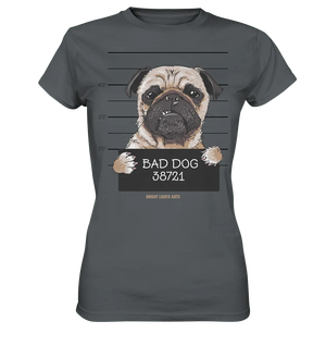 BAD DOG – Humorvolles Mugshot - Design mit Pug - Ladies Premium Shirt - Bright Lights Arts