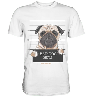 BAD DOG – Humorvolles Mugshot - Design mit Pug - Premium Shirt - Bright Lights Arts