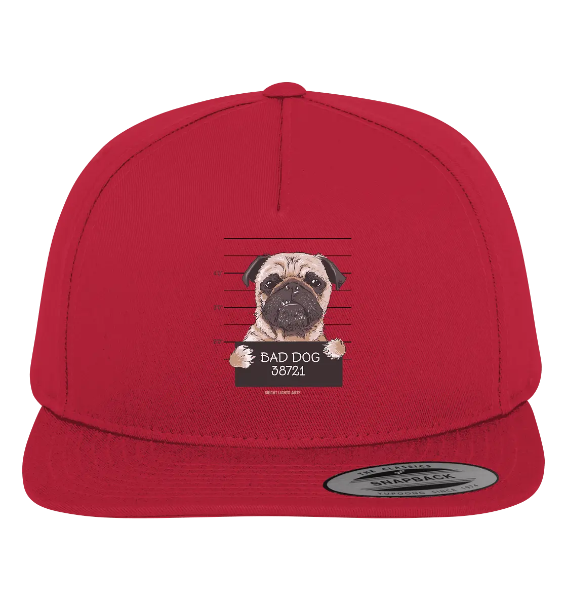 BAD DOG – Humorvolles Mugshot - Design mit Pug - Premium Snapback - Bright Lights Arts