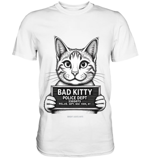 Bad Kitty – Lustiges Katzen Mugshot Shirt im Comic-Stil - Premium Shirt Bright Lights Arts