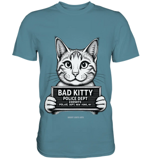 Bad Kitty – Lustiges Katzen Mugshot Shirt im Comic-Stil - Premium Shirt Bright Lights Arts