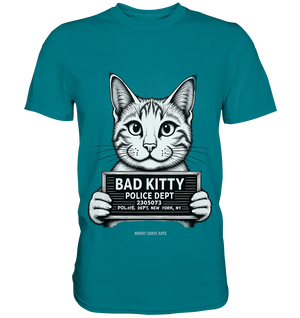 Bad Kitty – Lustiges Katzen Mugshot Shirt im Comic-Stil - Premium Shirt Bright Lights Arts