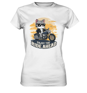 Enjoy the Ride Ahead - Katze auf Motorrad ins Abenteuer - Ladies Premium Shirt Bright Lights Arts