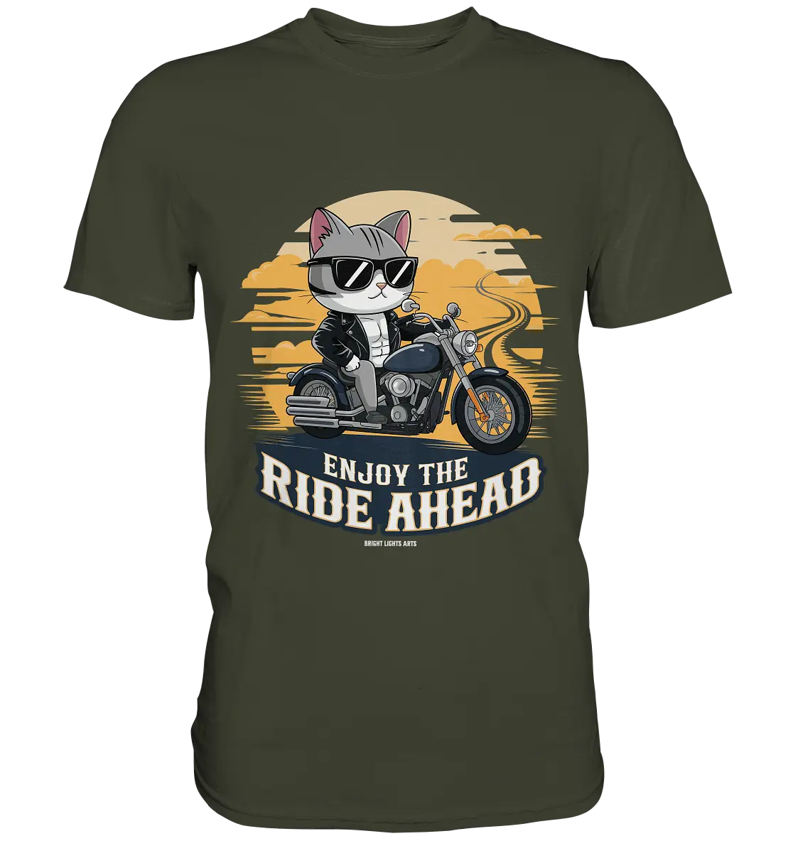 Enjoy the Ride Ahead - Katze auf Motorrad ins Abenteuer - Premium Shirt Bright Lights Arts