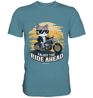 Enjoy the Ride Ahead - Katze auf Motorrad ins Abenteuer - Premium Shirt Bright Lights Arts