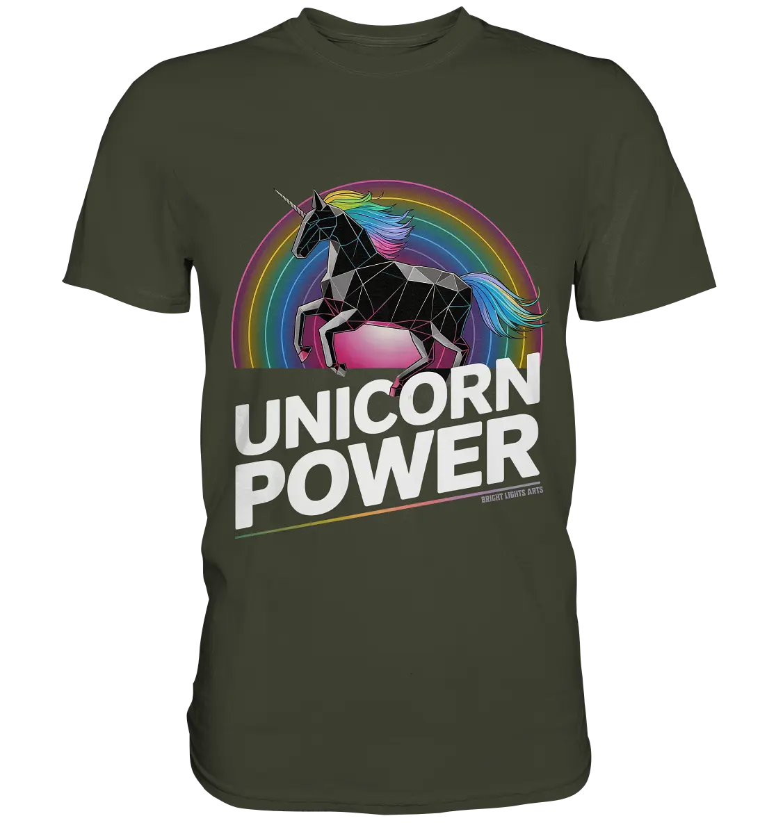 Fabelhaftes Einhorn mit Regenbogen Mähne Stilvolles geometrisches Design - Premium Shirt Bright Lights Arts