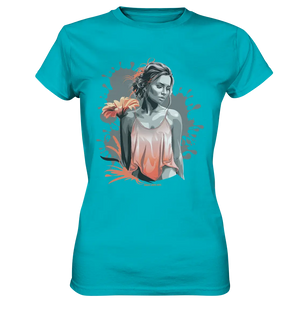 Farbige Eleganz – Stilvolle Frau mit Blume und lebhaften Farben - Ladies Premium Shirt Bright Lights Arts