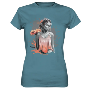 Farbige Eleganz – Stilvolle Frau mit Blume und lebhaften Farben - Ladies Premium Shirt Bright Lights Arts