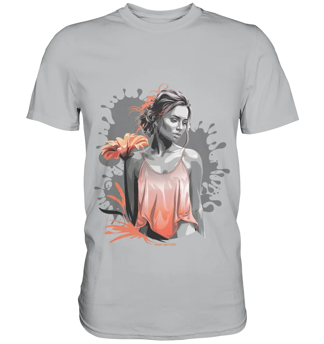 Farbige Eleganz – Stilvolle Frau mit Blume und lebhaften Farben - Premium Shirt Bright Lights Arts