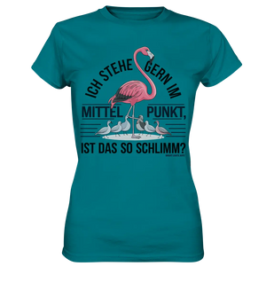 Flamingo im Mittelpunkt – Symbiose im Comic-Stil - Ladies Premium Shirt Bright Lights Arts