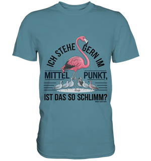 Flamingo im Mittelpunkt – Symbiose im Comic-Stil - Premium Shirt Bright Lights Arts
