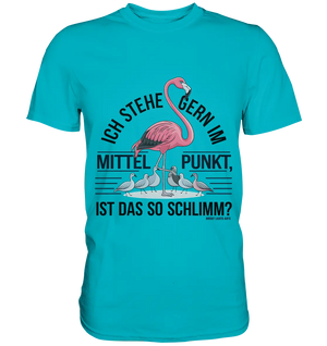 Flamingo im Mittelpunkt – Symbiose im Comic-Stil - Premium Shirt Bright Lights Arts