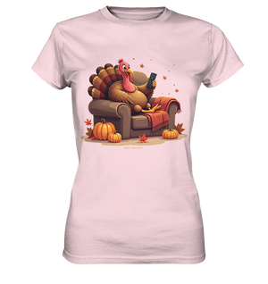 Gemütlicher Cartoon Truthahn in einem Sessel Herbstliches und humorvolles Erntedank Kunstwerk - Ladies Premium Shirt Bright Lights Arts