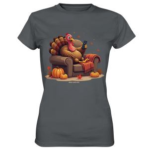 Gemütlicher Cartoon Truthahn in einem Sessel Herbstliches und humorvolles Erntedank Kunstwerk - Ladies Premium Shirt Bright Lights Arts