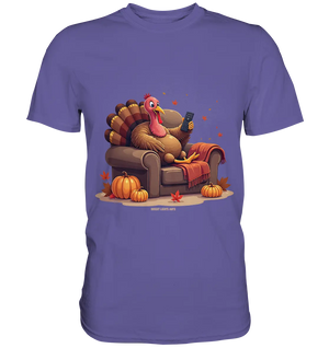 Gemütlicher Cartoon Truthahn in einem Sessel Herbstliches und humorvolles Erntedank Kunstwerk - Premium Shirt Bright Lights Arts
