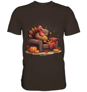 Gemütlicher Cartoon Truthahn in einem Sessel Herbstliches und humorvolles Erntedank Kunstwerk - Premium Shirt Bright Lights Arts