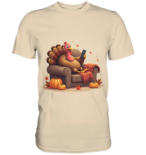 Gemütlicher Cartoon Truthahn in einem Sessel Herbstliches und humorvolles Erntedank Kunstwerk - Premium Shirt Bright Lights Arts