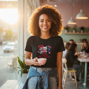 Junges Model im Ladies Cropped Tee mit Happy Meowentine Katzen-Print, moderner Schnitt, lachend, weiches Sonnenlicht
