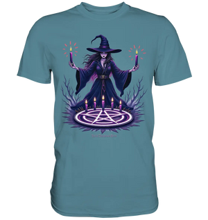 Hexen Illustration mit lila Kerzen und Pentagramm - Premium Shirt Bright Lights Arts