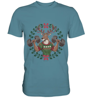 Hirsch mit Weihnachtspullover & Hanteln - Premium Shirt Bright Lights Arts