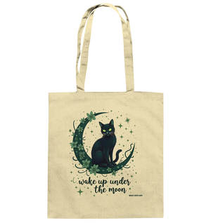 Mystische schwarze Katze auf Mondsichel I wake up under the moon - Baumwolltasche Bright Lights Arts