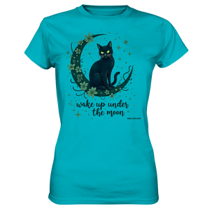 Mystische schwarze Katze auf Mondsichel I wake up under the moon - Ladies Premium Shirt Bright Lights Arts