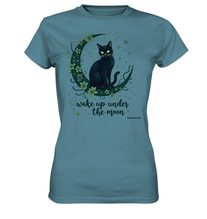 Mystische schwarze Katze auf Mondsichel I wake up under the moon - Ladies Premium Shirt Bright Lights Arts