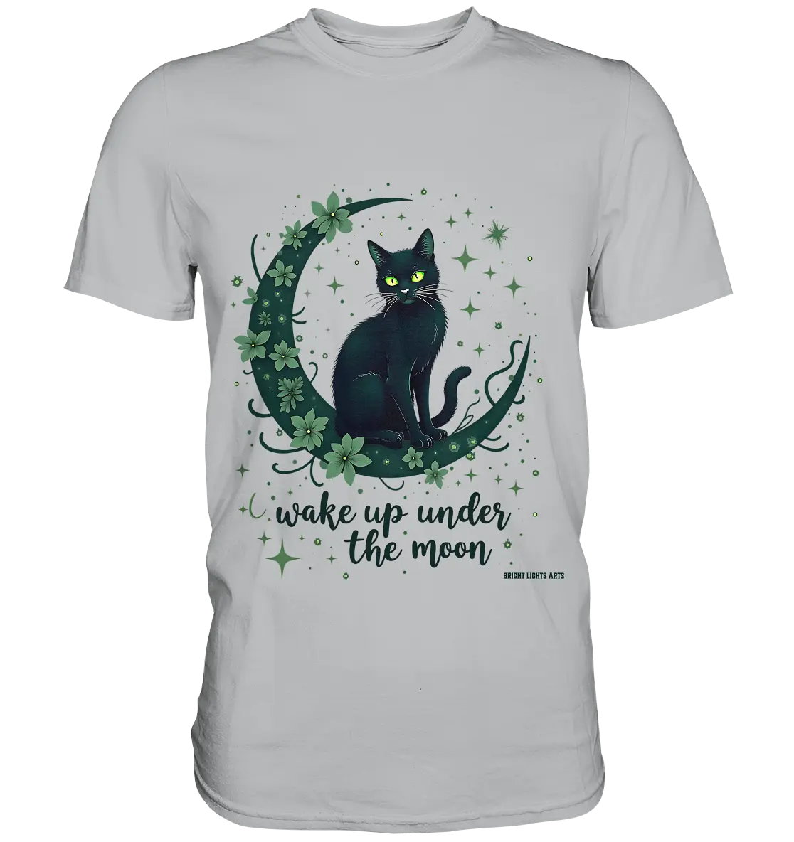 Mystische schwarze Katze auf Mondsichel I wake up under the moon - Premium Shirt Bright Lights Arts