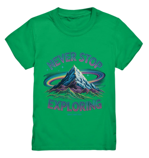 Never Stop Exploring Cosmic Mountain Adventure - Kids Premium Shirt Bright Lights Arts