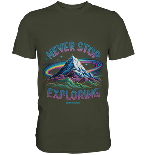 Never Stop Exploring Cosmic Mountain Adventure - Premium Shirt Bright Lights Arts