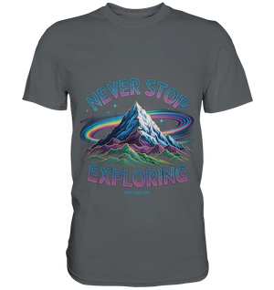 Never Stop Exploring Cosmic Mountain Adventure - Premium Shirt Bright Lights Arts
