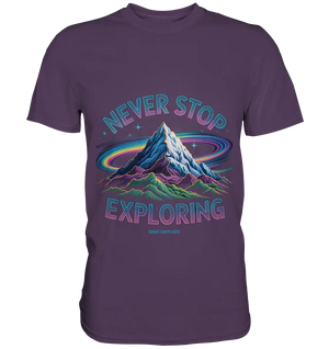 Never Stop Exploring Cosmic Mountain Adventure - Premium Shirt Bright Lights Arts