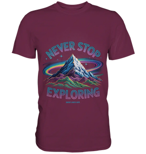 Never Stop Exploring Cosmic Mountain Adventure - Premium Shirt Bright Lights Arts