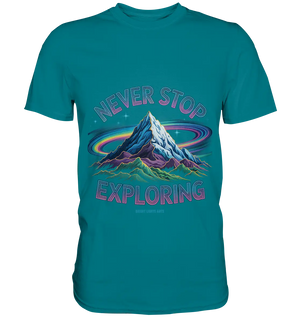 Never Stop Exploring Cosmic Mountain Adventure - Premium Shirt Bright Lights Arts