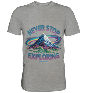 Never Stop Exploring Cosmic Mountain Adventure - Premium Shirt Bright Lights Arts