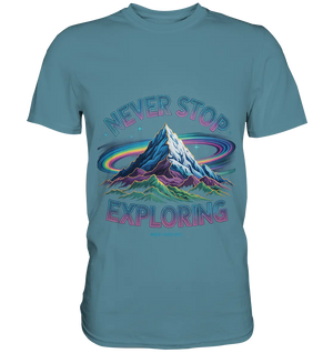 Never Stop Exploring Cosmic Mountain Adventure - Premium Shirt Bright Lights Arts