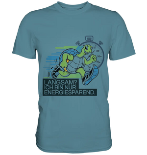 Schildkröte mit Energie – "Langsam? Ich bin nur Energiesparen" - Premium Shirt Bright Lights Arts