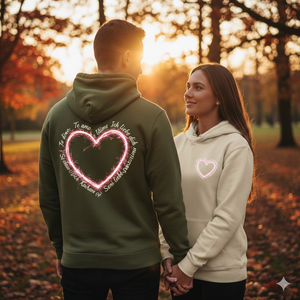 Paar in cleanen Olive und Creme Hoodies, Fokus auf Brust- und Rücken-Herzdesign, verliebter Blick.