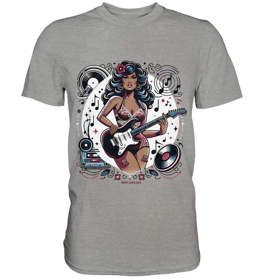 Swinging 60s Gitarristin mit Retro-Vibes - Premium Shirt Bright Lights Arts