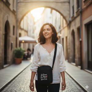 Lächelnde Frau in sonniger Altstadt mit schwarzer „Wir Eins“ Umhängetasche, warmes Licht, emotionaler Lifestyle-Vibe