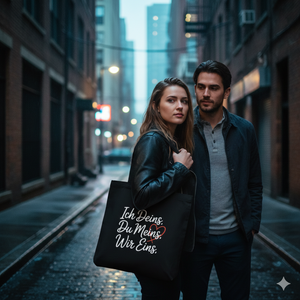 Schwarzer Jutebeutel mit weißem Liebes-Spruch „Wir Eins“ auf sonnigem Wochenmarkt, authentisches Lifestyle-Bild