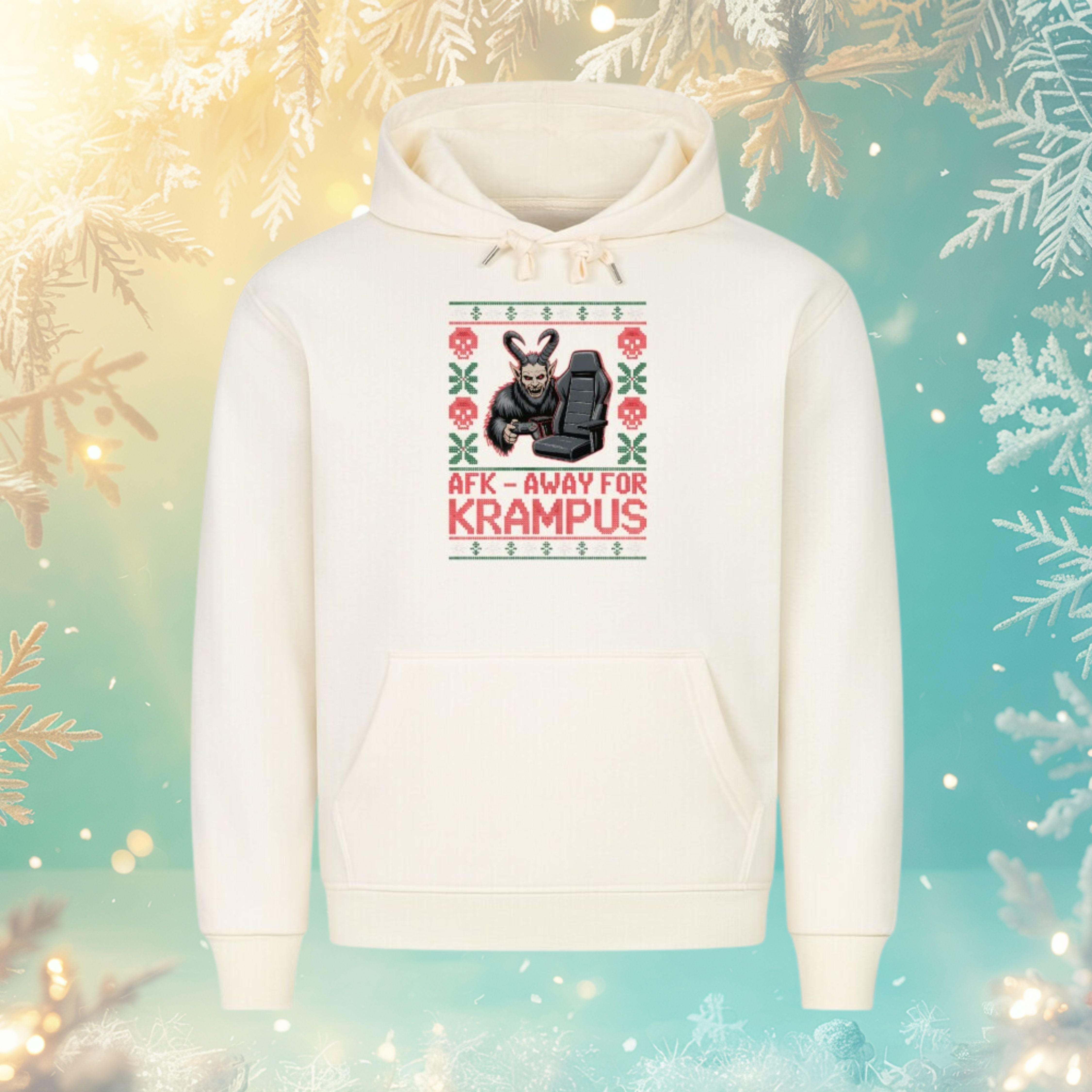 AFK – Away for Krampus Hoodie – beige – Bright Light Arts, lustiges Gaming-Weihnachtsdesign