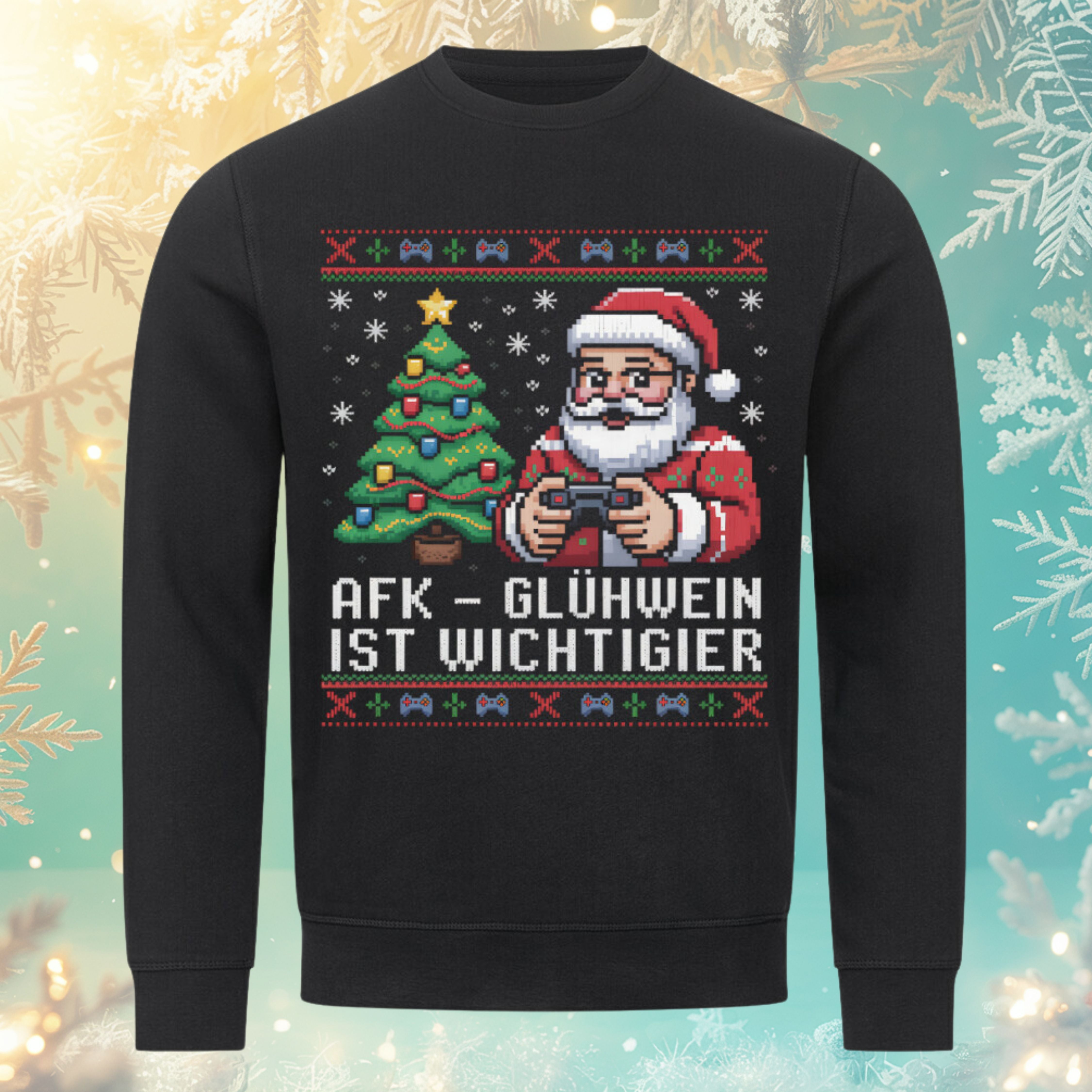 AFK – Glühwein ist wichtiger Sweatshirt – Schwarz – Bright Light Arts, nachhaltiges Weihnachtsdesign für Gamer