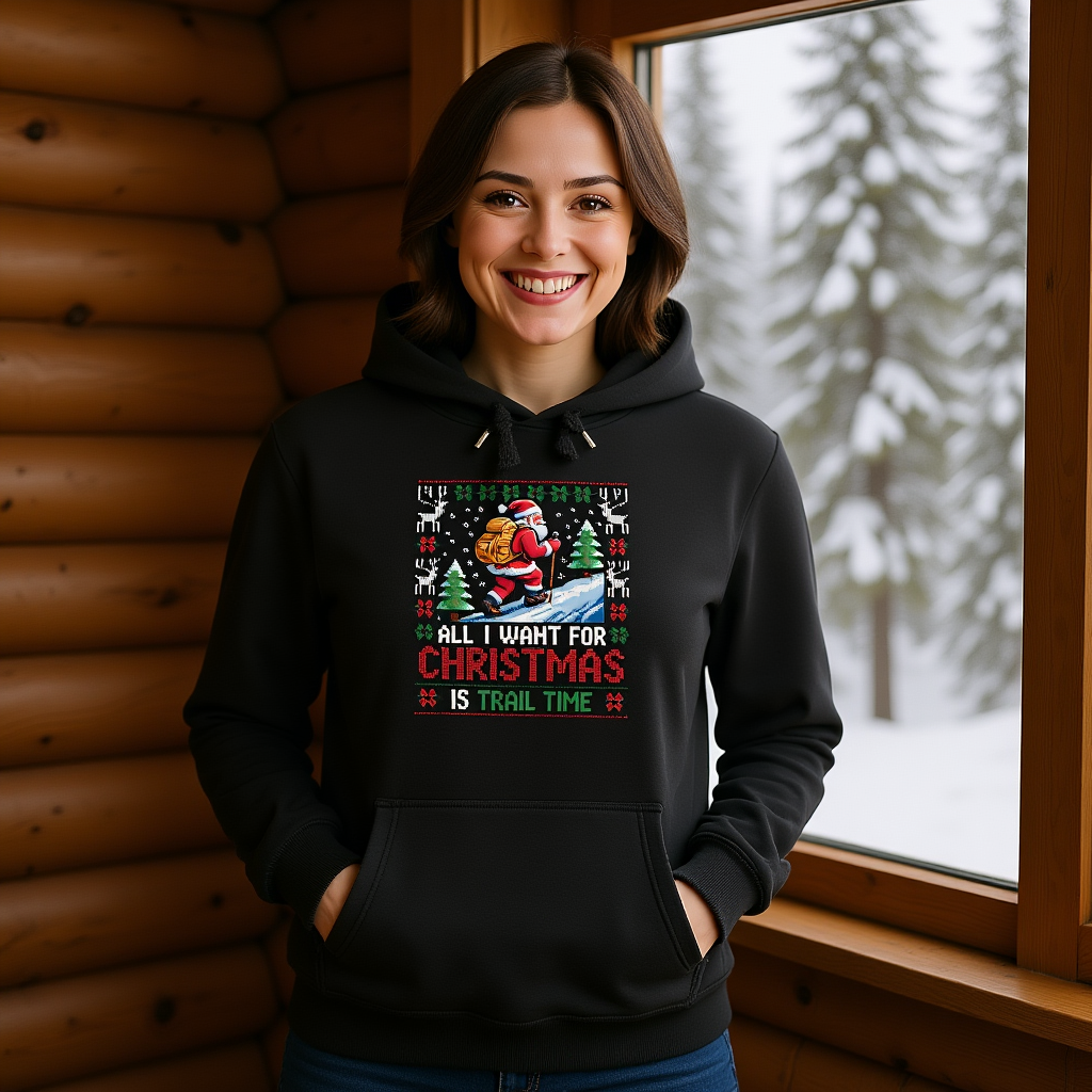 All I Want for Christmas is Trail Time Hoodie in Berghütte mit Schneelandschaft – Bright Light Arts, Outdoor-Weihnachten Design