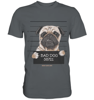 BAD DOG – Humorvolles Mugshot - Design mit Pug - Premium Shirt - Bright Lights Arts