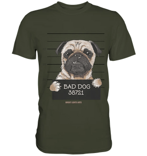 BAD DOG – Humorvolles Mugshot - Design mit Pug - Premium Shirt - Bright Lights Arts