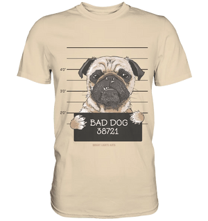 BAD DOG – Humorvolles Mugshot - Design mit Pug - Premium Shirt - Bright Lights Arts