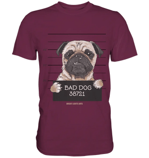 BAD DOG – Humorvolles Mugshot - Design mit Pug - Premium Shirt - Bright Lights Arts
