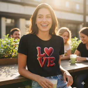 Frau in schwarzem Cropped Tee mit 3D-Love-Ballon Print, offene Augen, helles modernes Studio, BLA Vibe